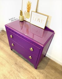 Image 6 of Vintage Harris Lebus CHEST OF DRAWERS painted in bright purple with glass top