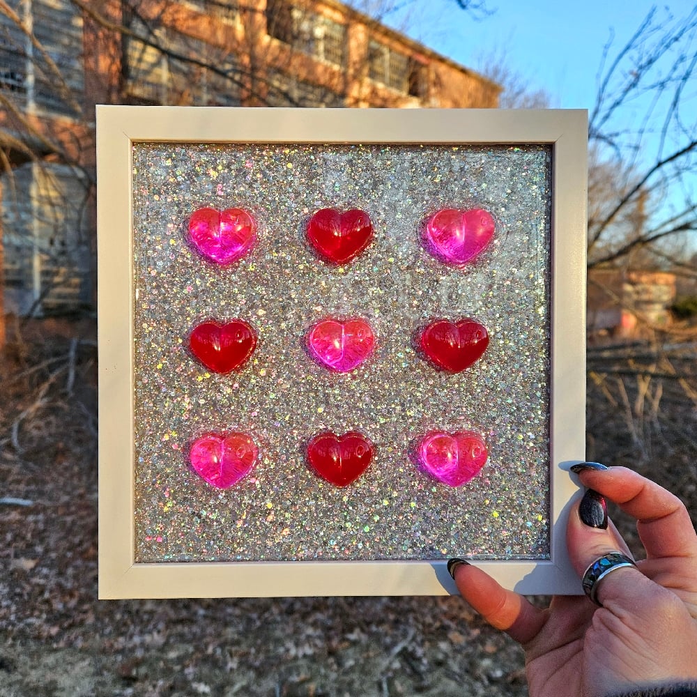 Image of Neon Pink and Red 3D Chonky Heart Wall Art: 8x8/ Sparkle Background