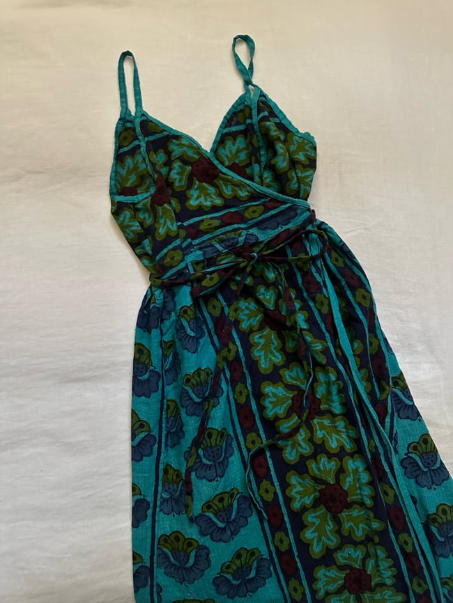 late 1960s rare India tapestry block print gauze maxi wrap dress