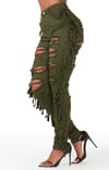 High Rise Denim Heavy Frayed Front & Back Jeans Olive Green 