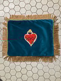 Image 6 of Sacred heart patch teal velvet rectangle cushion 