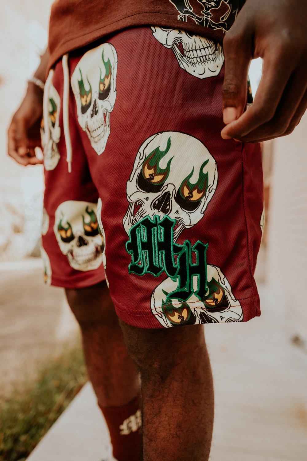 Image of Mens Maroon Skull Shorts