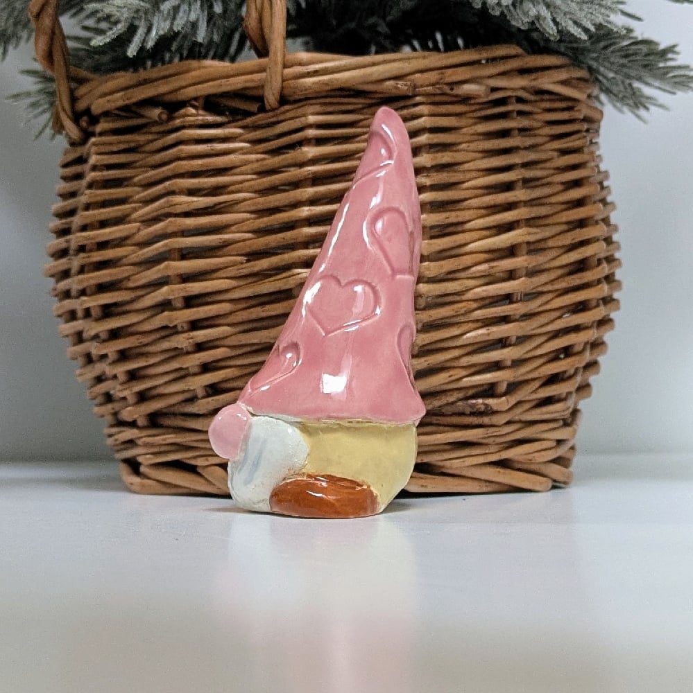 Image of Handmade pottery Pink Heart Embossed Gnome 