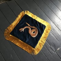 Image 2 of Blue Velvet Snake Patch Cushion Cover With Gold Fringe