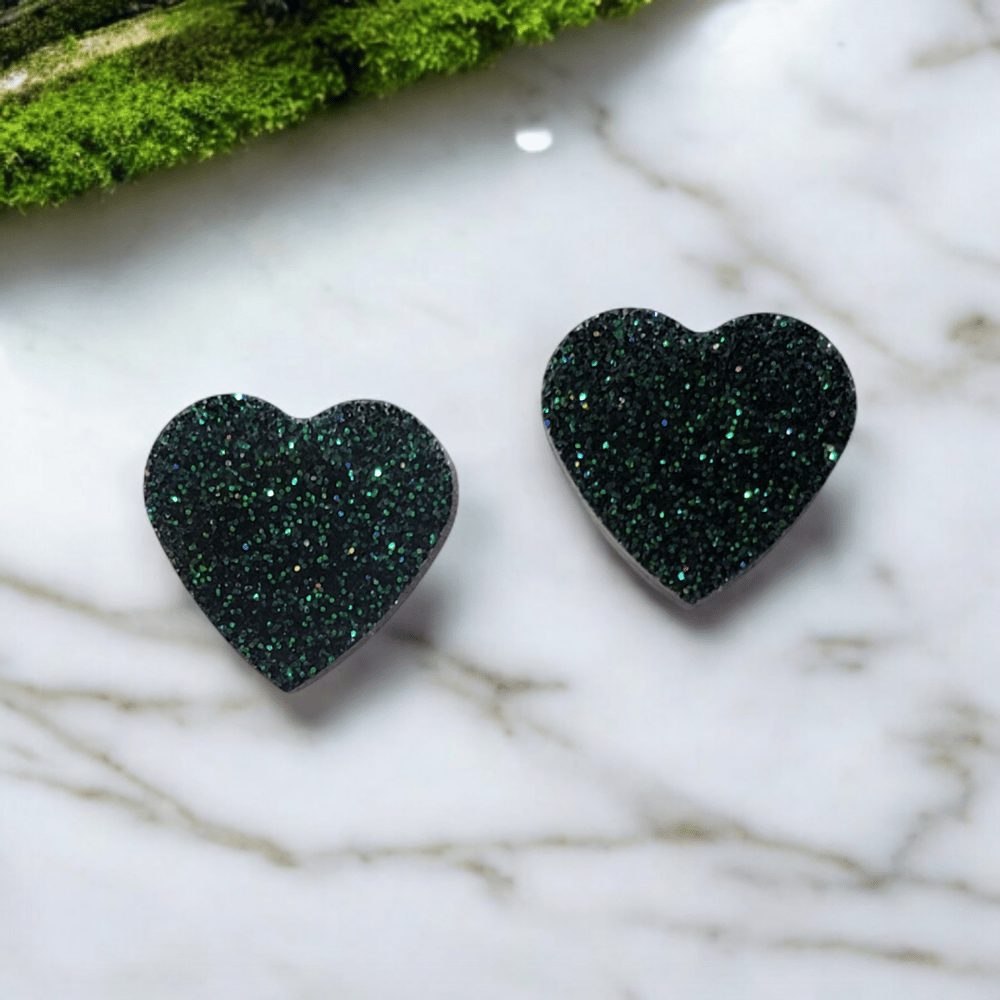 Image of Blue Green Colorshift Glitter Hearts Stud Earrings