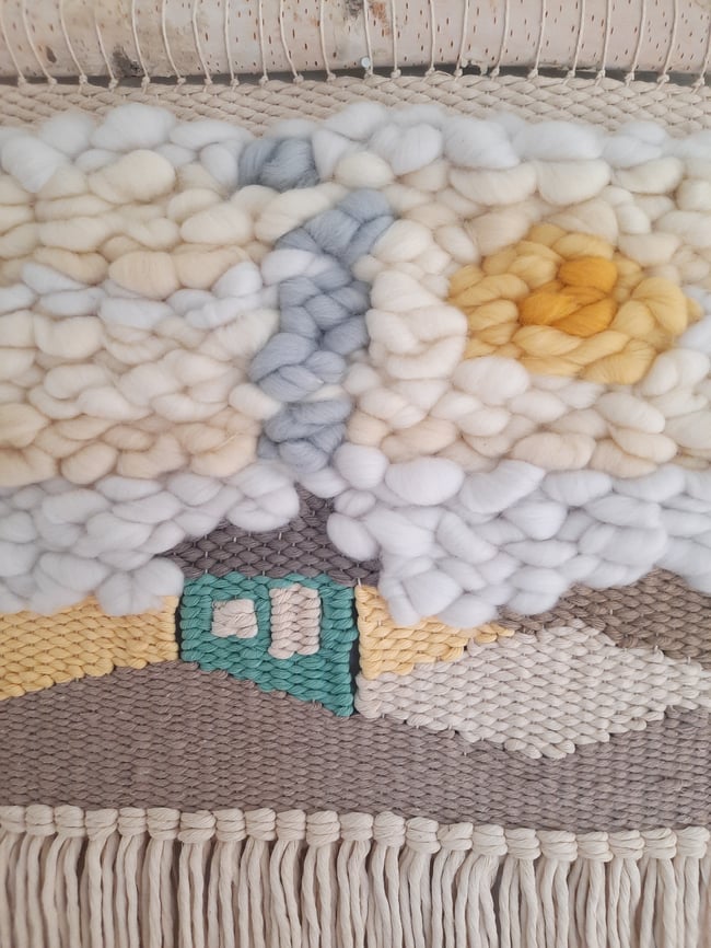 Chimney smoke & the winter day. Woven wall hanging.
