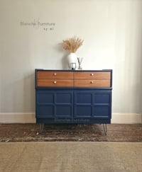 Image 9 of Large Mid Century Luxury Sideboard Nathan | Curved Teak Sideboard Blue | 4 Walnut Drawers 