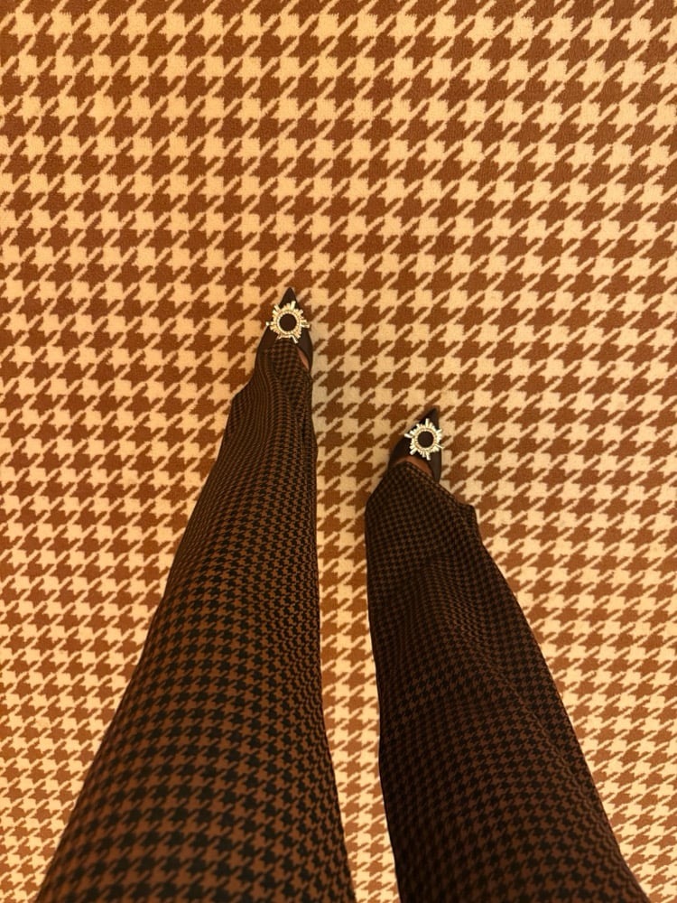 Image of HOUNDSTOOTH PRINT MOCK NECK FLARED JUMPSUIT (XS)