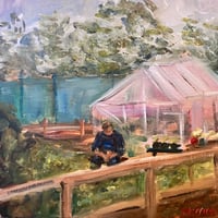 Image 2 of  Pete eating apples on his allotment  -  oil painting  