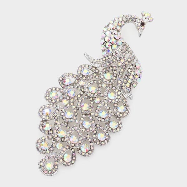 Image of SILVER CLEAR Rhinestone Large Peacock Brooch 