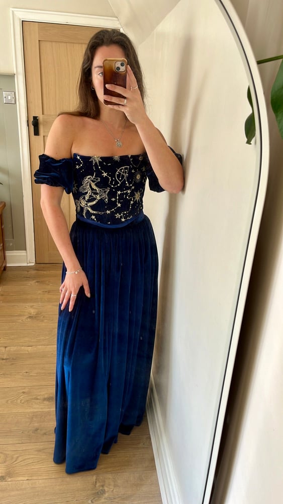 The Midnight outfit. Handmade corset with puffy sleeves and matching skirt