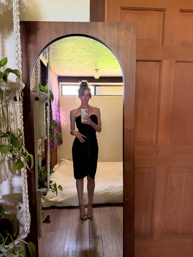 70s leather strapless ruched rock and roll dress