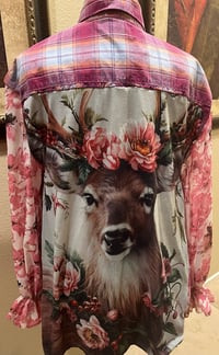 Image 1 of Vintage Funky Pink/Gray Cotton Shirt Pink Floral Print Sleeves Deer