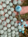 Green Pectolite and Dominican Larimar Mala, Copper Pectolite Hand Knotted Gemstone Necklace