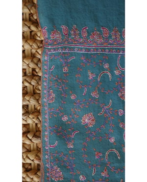 Image of Cerulean Pashmina handwoven . Hand embroidered detail , cashmere stole , handmade in Kashmir 
