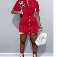 Letter Embroidery Button Front Casual Red Dress