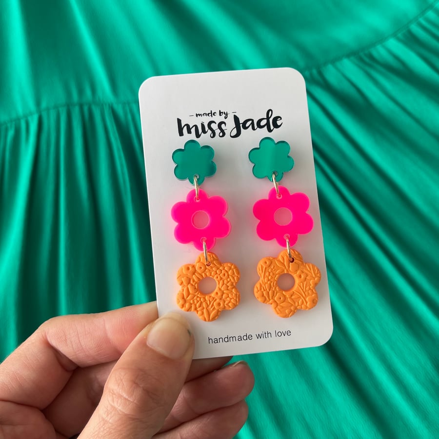 Image of Jade + Hot Pink + Orange : Flower Dangles