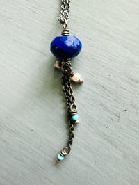 Image 10 of faceted lapis pendant with Kingman turquoise and pearl fringe