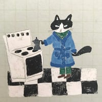 Image 2 of Small square print -cat making coffee