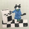 Small square print -cat making coffee