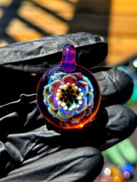 Image 1 of psychedelic sunflower pendant with uv reactive center dots 💜🌼.