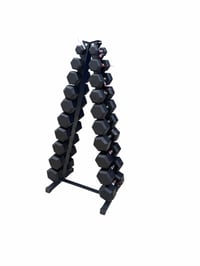 Image 2 of New pair of 5,10,15,20,25,30,35,40,45,50lb rubber dumbbells with A rack