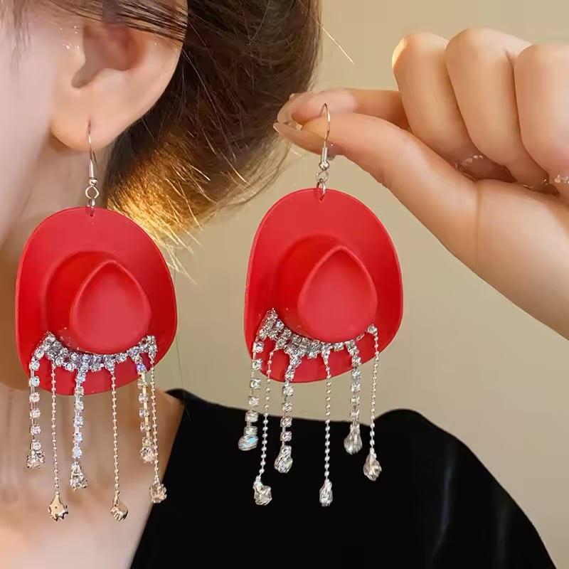 Image of Cowboy Hat Tassel Earrings with rhinestones