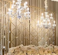 Image 1 of Gold Stainless Steel backdrop stand with candles holders 7.5 FT