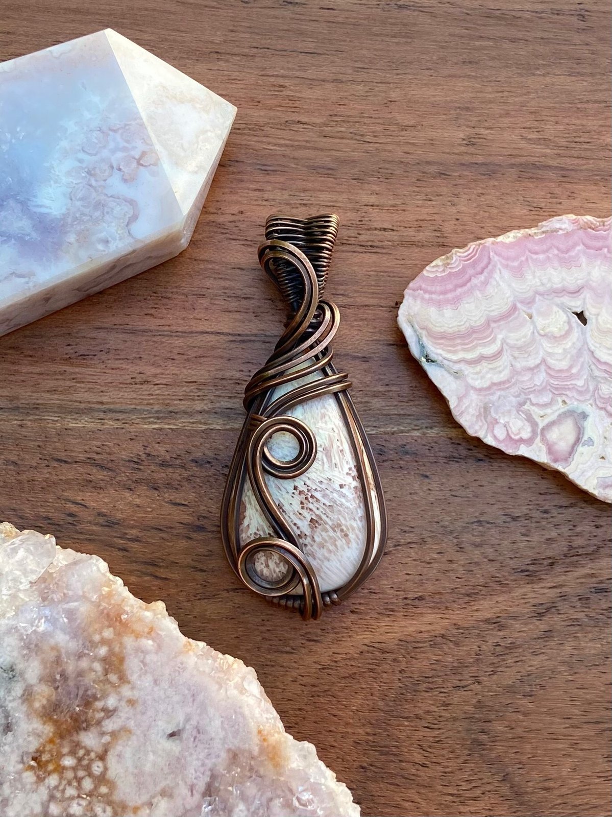 Scolecite good Pendant wrapped in copper wire.