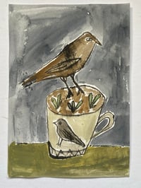 Bird on a cup with seedlings - mixed media