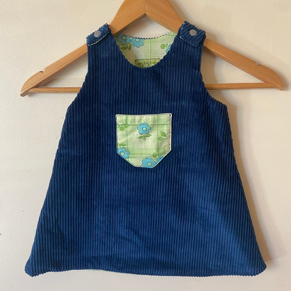 Image of Little Reversible Dress Blue Cord and Vintage Picnic