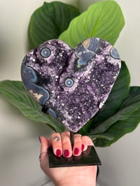 Image 1 of AGATE X AMETHYST STALACTITE HEART ON CUSTOM STAND -URUGUAY- C