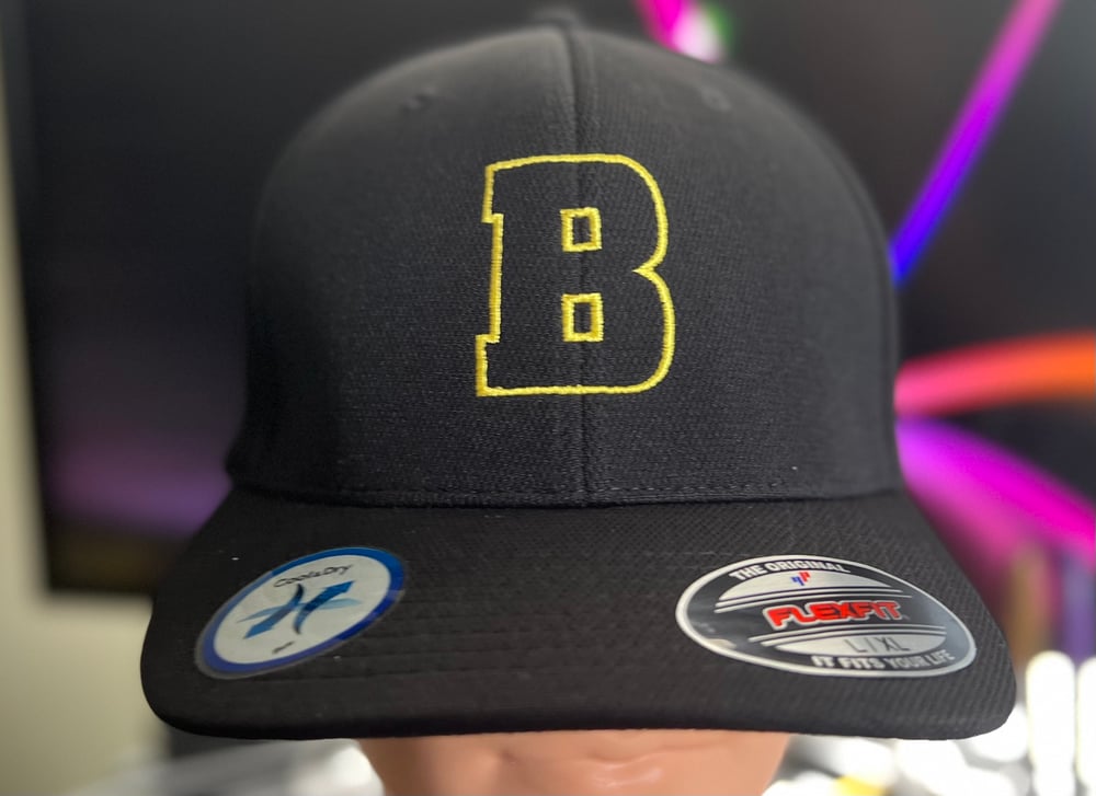 Berthold City Bold Gold Boston B Outline Black Flexfit Baseball Hat