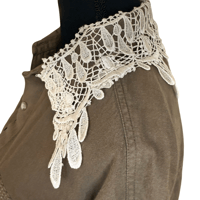 Image 4 of Upcycled Cropped Brown Button Front Rose Lace Shirt Taylor G Dallas Cottage- Women’s  L