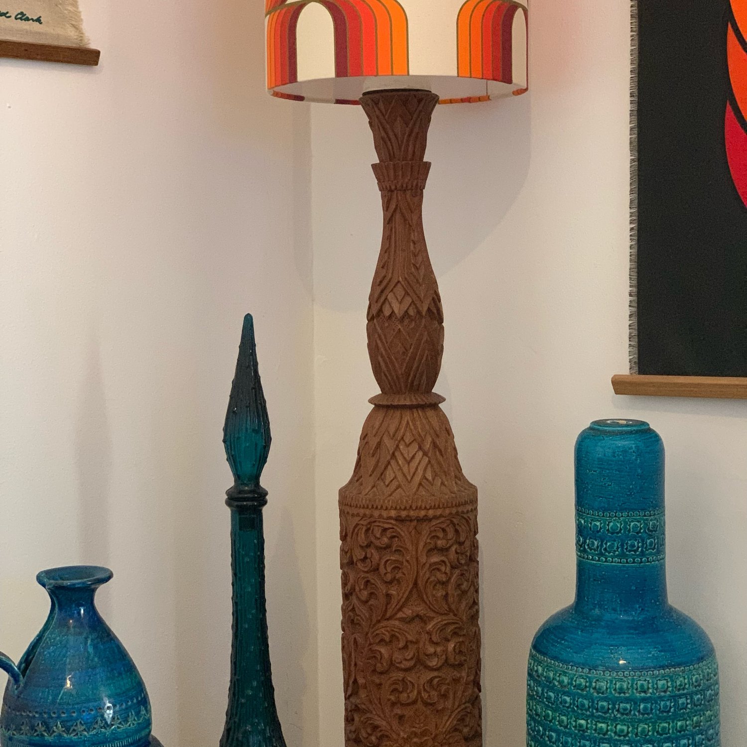Image of Huge Mid Century Tiki style carved solid teak lamp w/ custom Vintage Groove shade