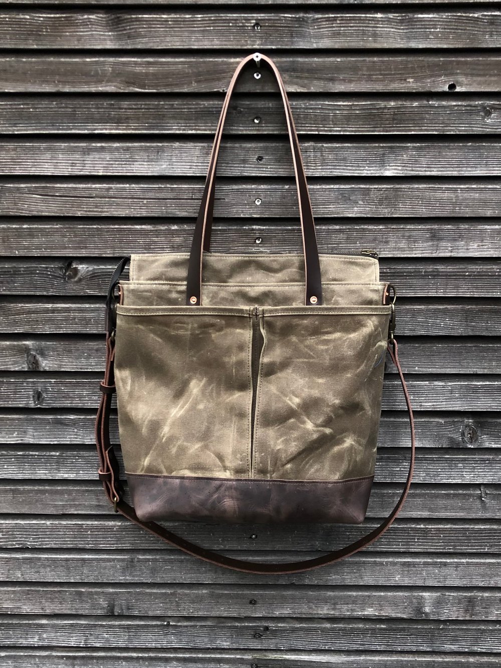 Image of Waxed canvas tote bag / office bag with leather bottom handles and shoulder strap