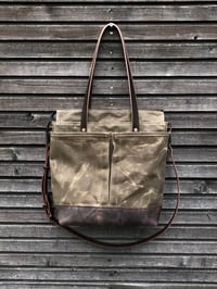 Image 1 of Waxed canvas tote bag / office bag with leather bottom handles and shoulder strap