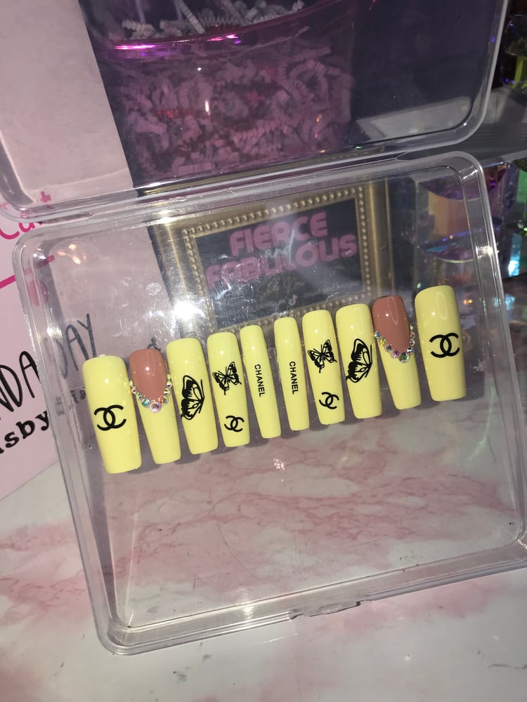 Image of Chanel Yellow Bling Butterfly Long Square Nail Set 