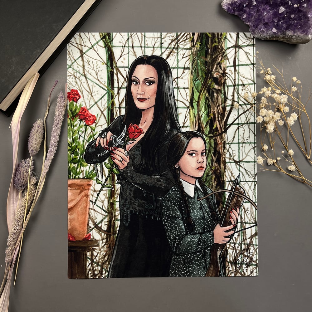 Morticia & Wednesday Signed Watercolor Print