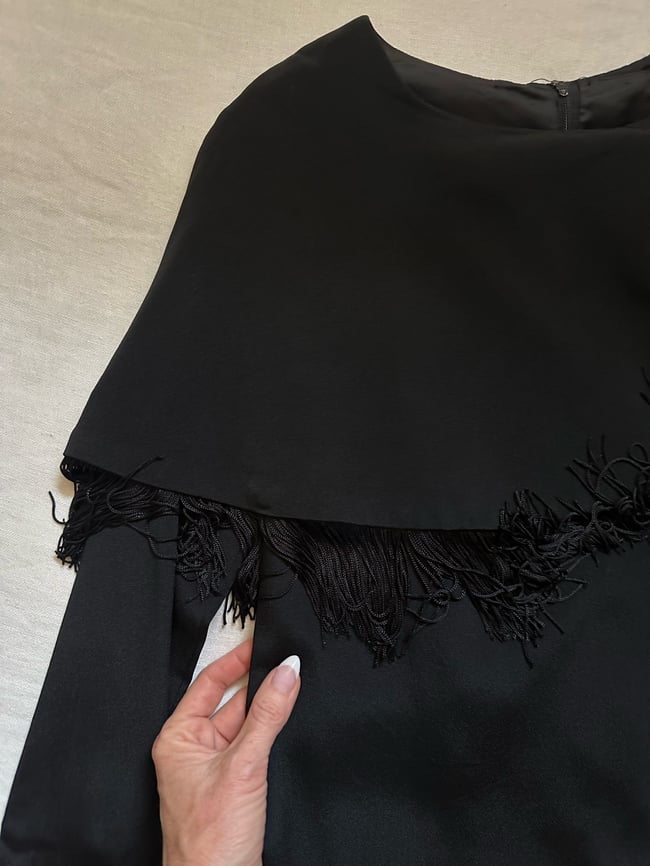 1960s black fringe cocktail mini dress