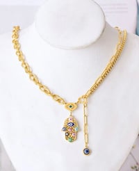 Image 5 of Hamsa Palm Shaped Colored Oil  Evil Eye Style Stainless Steel Necklace