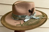 Image 3 of Painted Tan/Green Fedora Hat Green Band Feathers