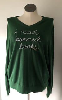Image 2 of Upcycled “I read banned books” hand-embroidered, men’s better sweater