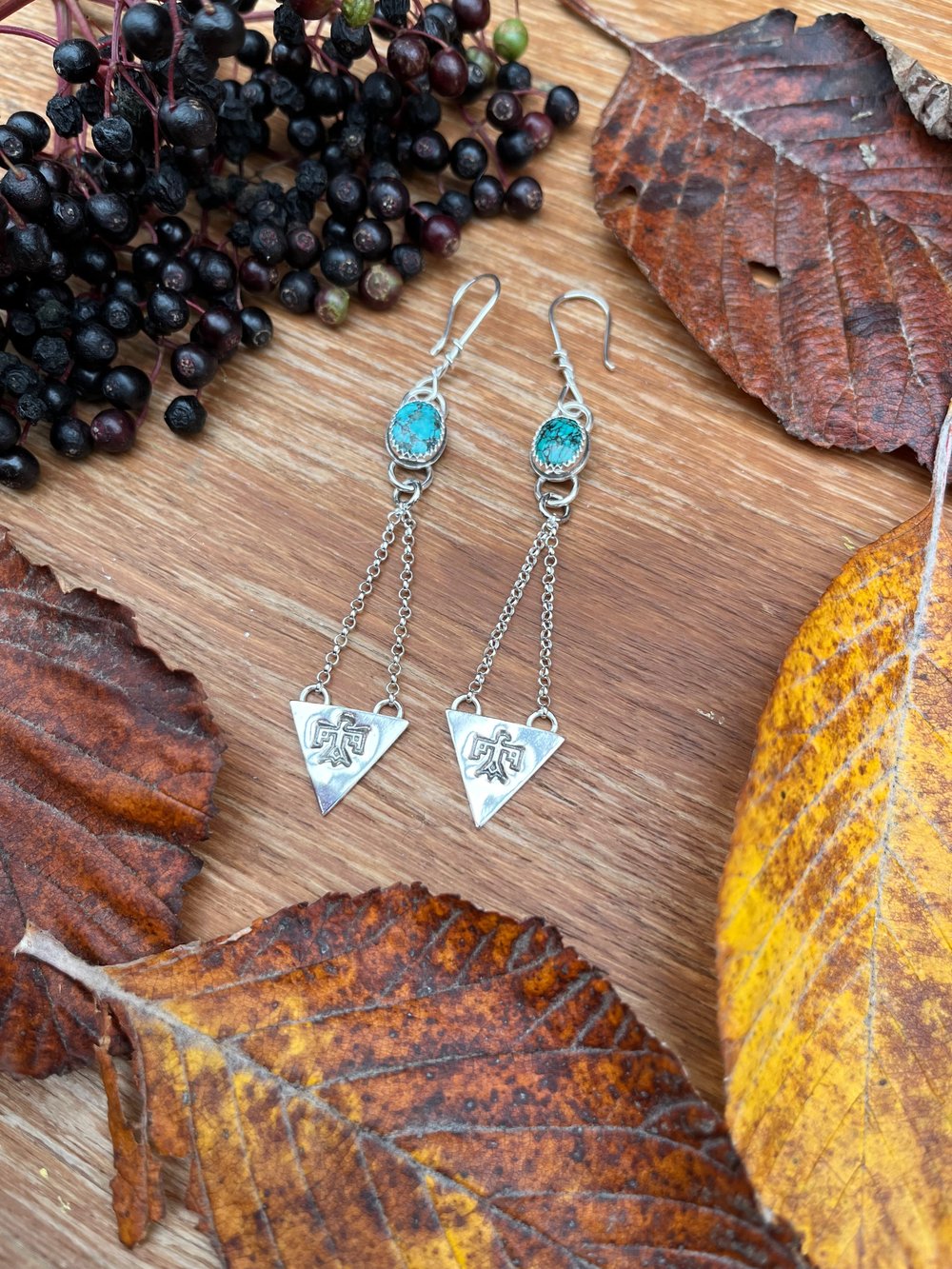 Handmade Sterling Silver Kingman Turquoise Thunderbird Dangly Earrings
