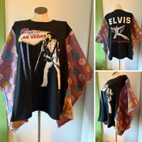Image 1 of Upcycled “Elvis has Left the Building” t-shirt kantha quilt poncho