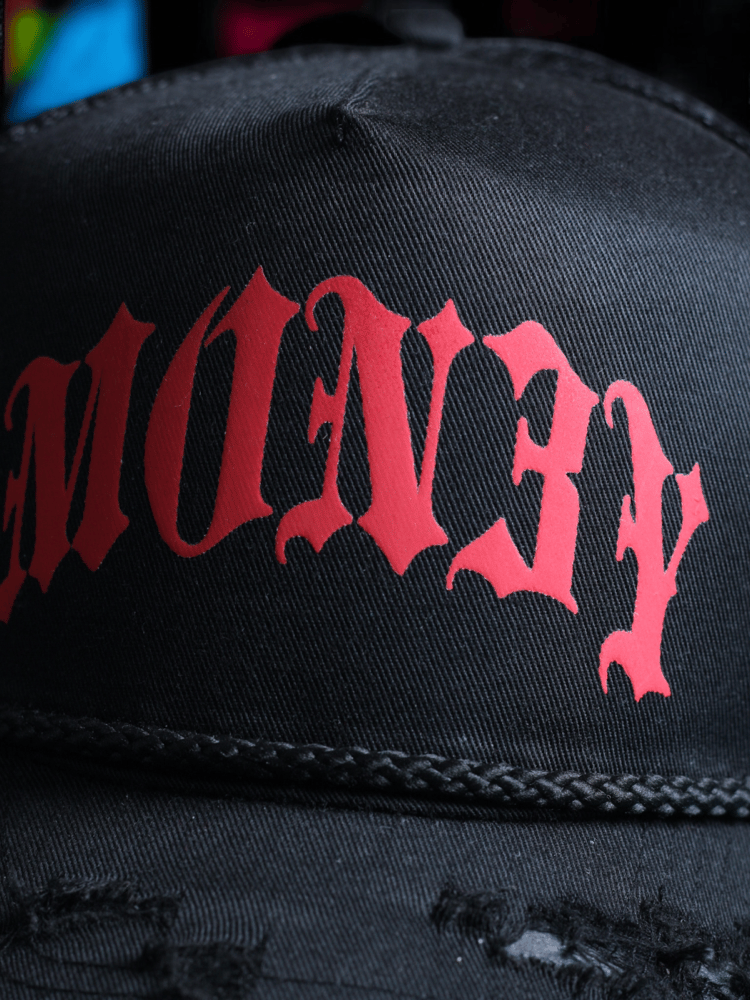 RED MON3Y // BLACK  DISTRESS HAT