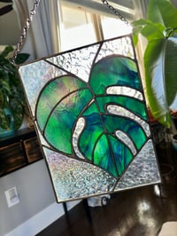 Image 3 of Emerald Monstera Leaf Panel - Green & Teal Window Hanging with Textured Clear Glass