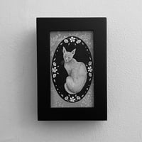 Image 1 of Original Ink And Watercolor grey cat with flowers in frame