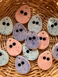 Image 1 of Ceramic Speckled hanging Mini Egg Guys (set of 3)