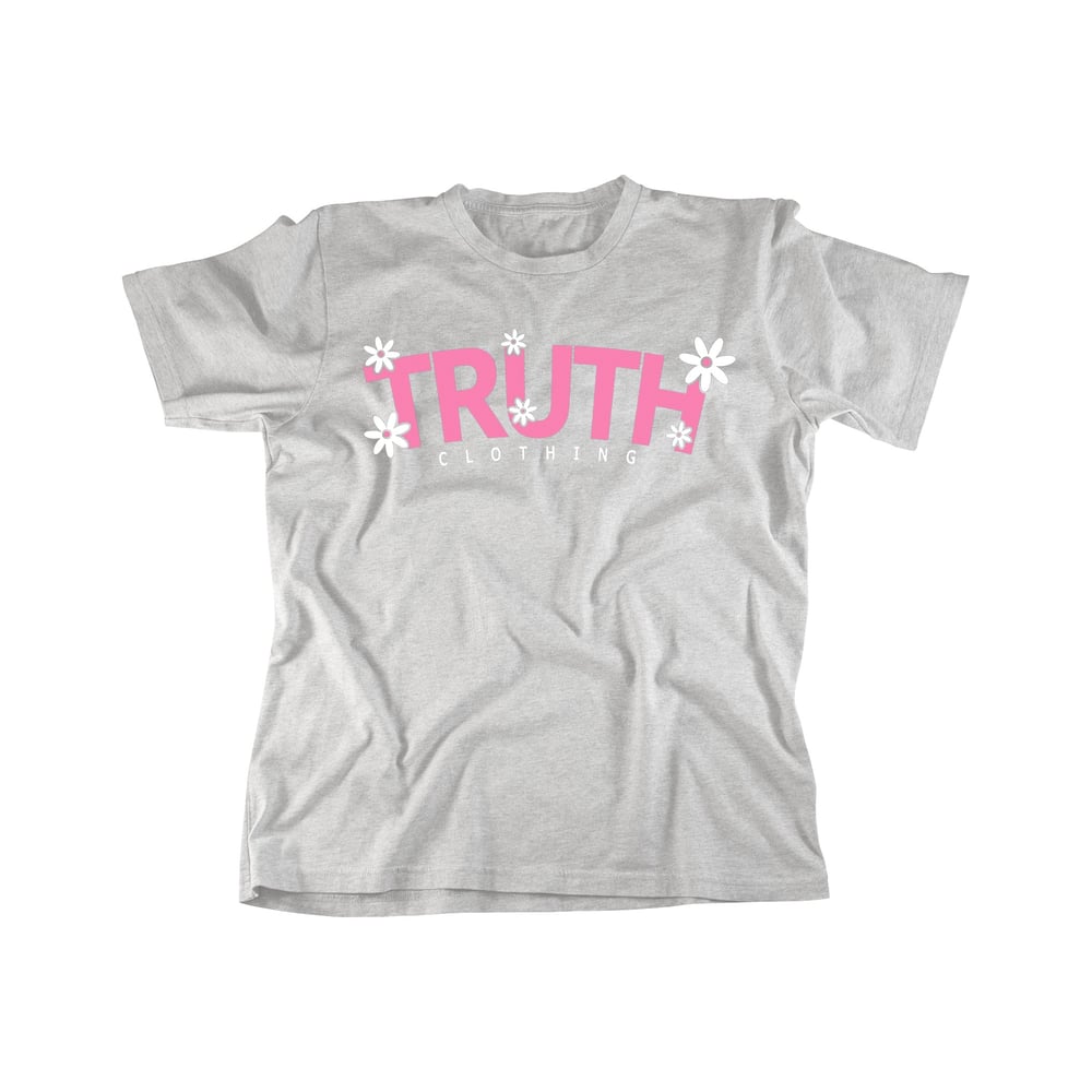 "Pink Flowers" T Shirt | Heather Grey/Pink/White